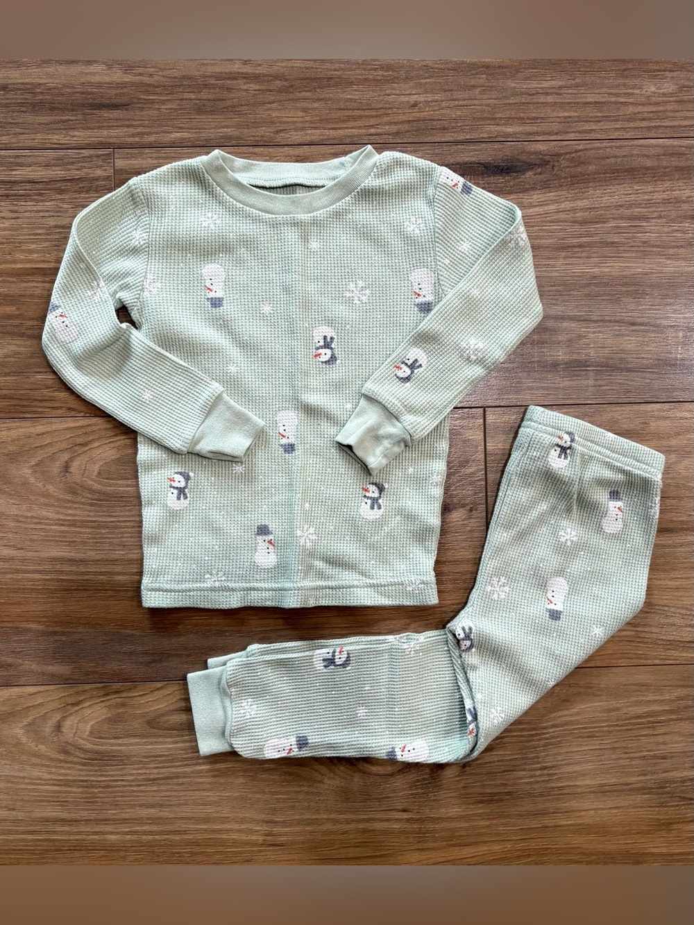 Carter's Light Sage Snowman Waffle-Knit Pajama Set